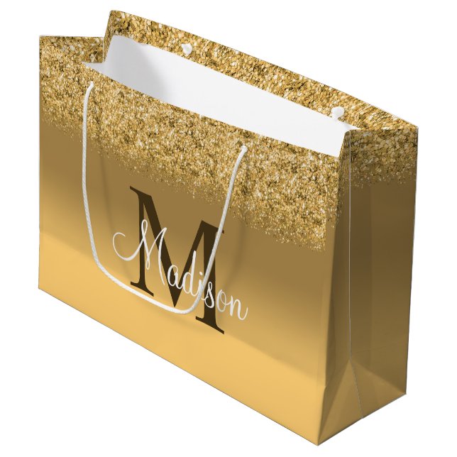 Grand Sac Cadeau Élégant or Faux Parties scintillant Monogramme (Devant Angle)