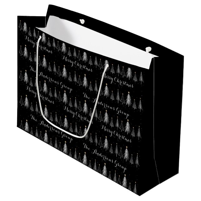 Grand Sac Cadeau Élégant Pins Noir et Blanc Noël (Devant Angle)