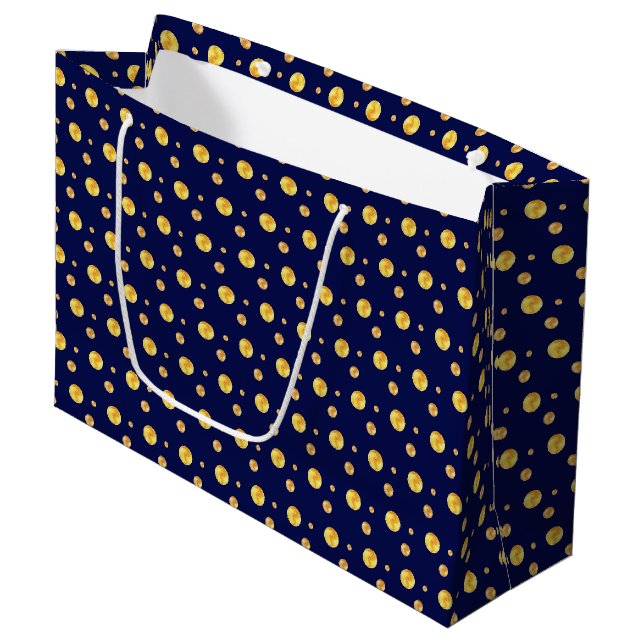 Grand Sac Cadeau Élégant pois doré sur bleu marine (Devant Angle)