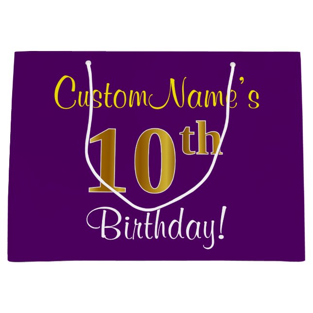 Grand Sac Cadeau Elégant, pourpre, Faux Gold 10e anniversaire + Nom (Devant)