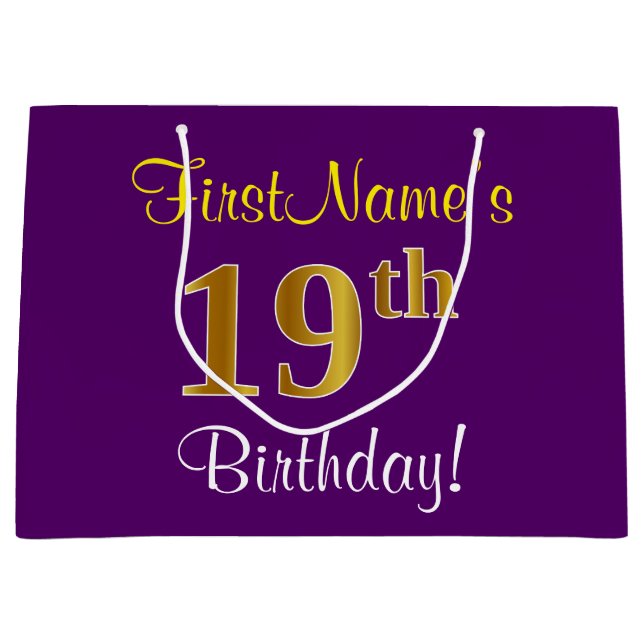 Grand Sac Cadeau Elégant, pourpre, Faux Gold 19e anniversaire + Nom (Devant)