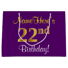 Grand Sac Cadeau Elégant, pourpre, Faux Gold 22e anniversaire + Nom