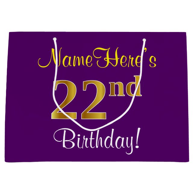 Grand Sac Cadeau Elégant, pourpre, Faux Gold 22e anniversaire + Nom (Devant)