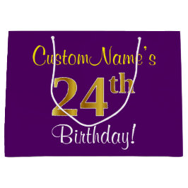 Grand Sac Cadeau Elégant, pourpre, Faux Gold 24e anniversaire + Nom