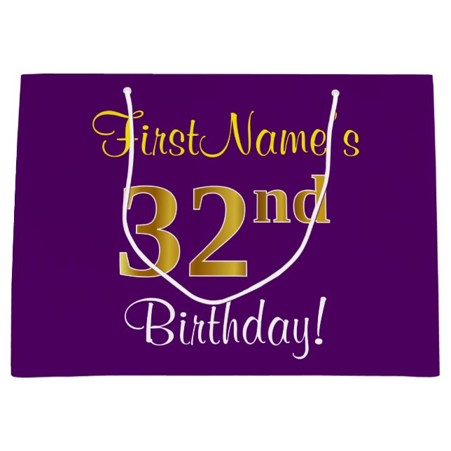Grand Sac Cadeau Elégant, pourpre, Faux Gold 32e anniversaire + Nom (Devant)