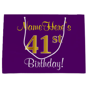 Grand Sac Cadeau Elégant, pourpre, Faux Gold 41ème anniversaire + N