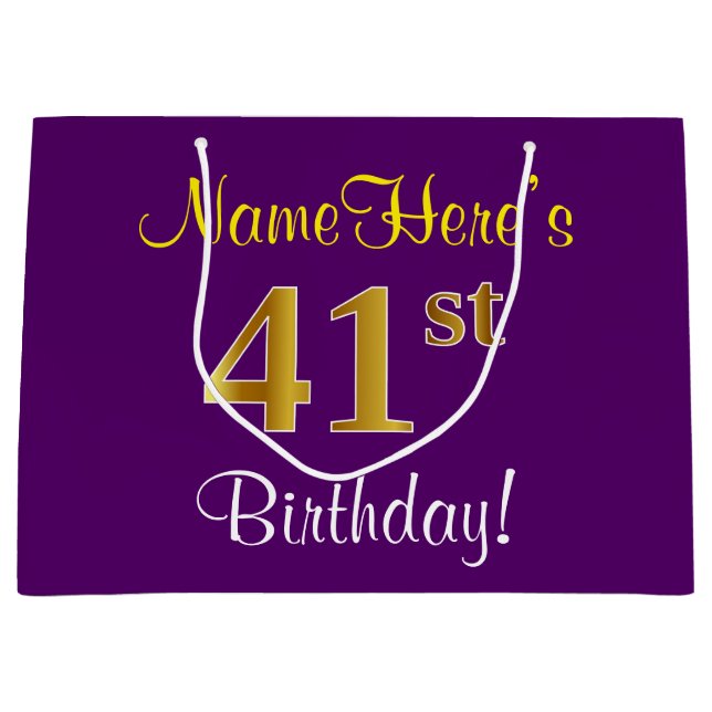 Grand Sac Cadeau Elégant, pourpre, Faux Gold 41ème anniversaire + N (Devant)