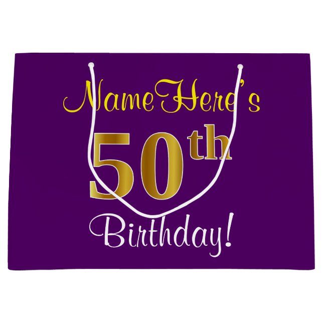 Grand Sac Cadeau Elégant, pourpre, Faux Gold 50e anniversaire + Nom (Devant)
