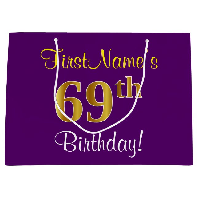 Grand Sac Cadeau Elégant, pourpre, Faux Gold 69e anniversaire + Nom (Devant)