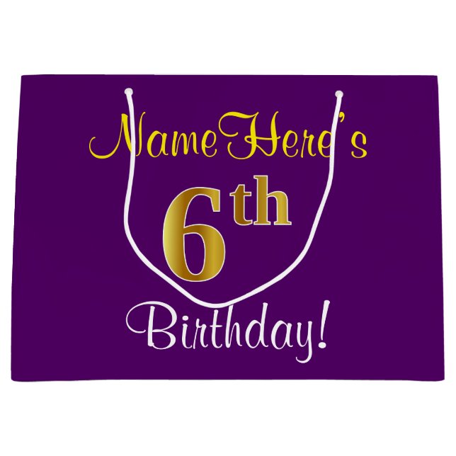 Grand Sac Cadeau Élégant, pourpre, Faux Gold 6e anniversaire + nom (Devant)