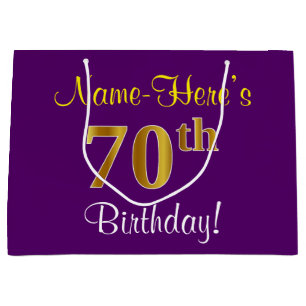 Grand Sac Cadeau Elégant, pourpre, Faux Gold 70e anniversaire + No