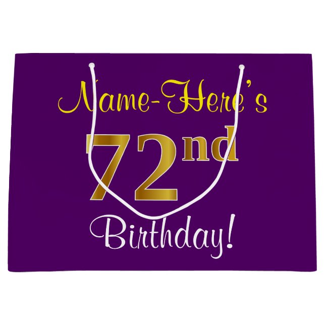 Grand Sac Cadeau Elégant, pourpre, Faux Gold 72e anniversaire + Nom (Devant)