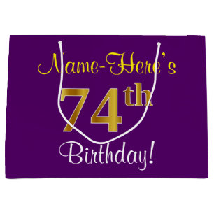 Grand Sac Cadeau Elégant, pourpre, Faux Gold 74e anniversaire + Nom