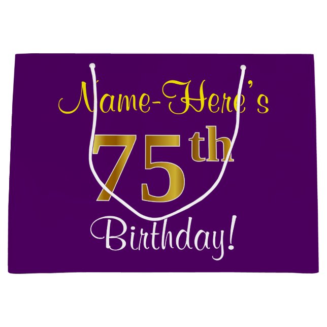 Grand Sac Cadeau Elégant, pourpre, Faux Gold 75e anniversaire + Nom (Devant)