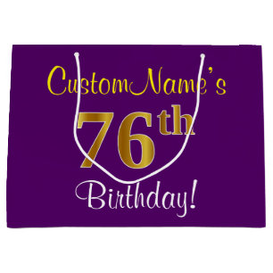 Grand Sac Cadeau Elégant, pourpre, Faux Gold 76e anniversaire + Nom