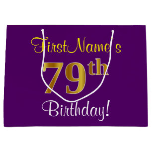 Grand Sac Cadeau Elégant, pourpre, Faux Gold 79e anniversaire + Nom