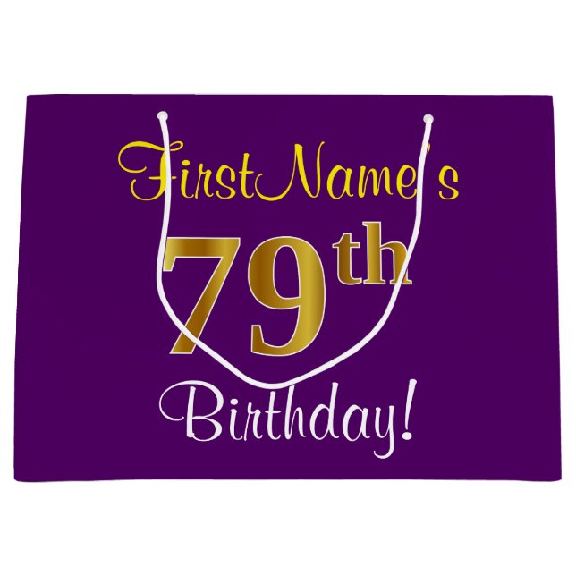 Grand Sac Cadeau Elégant, pourpre, Faux Gold 79e anniversaire + Nom (Devant)
