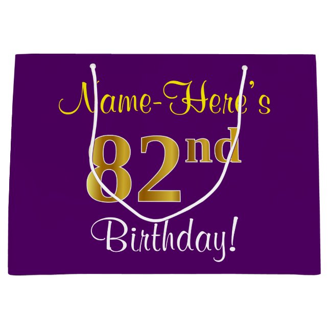 Grand Sac Cadeau Elégant, pourpre, Faux Gold 82e anniversaire + Nom (Devant)
