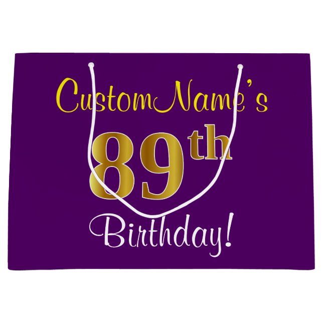 Grand Sac Cadeau Elégant, pourpre, Faux Gold 89e anniversaire + Nom (Devant)