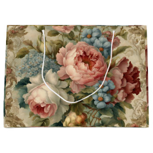 Grand Sac Cadeau Élégant Rose victorien, Fleurs de Jardin