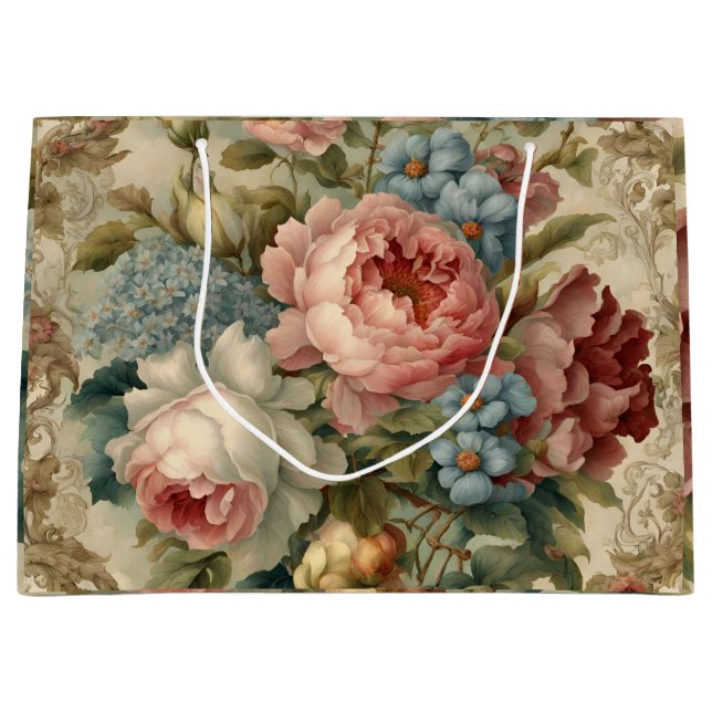 Grand Sac Cadeau Élégant Rose victorien, Fleurs de Jardin (Devant)