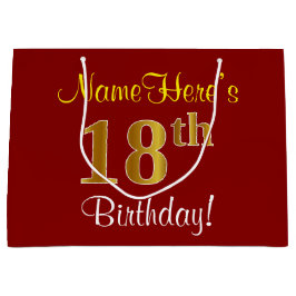 Grand Sac Cadeau Elégant, Rouge, Faux Gold 18e anniversaire; Nom pe