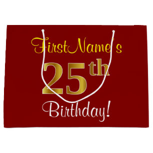Grand Sac Cadeau Elégant, Rouge, Faux Gold 25e anniversaire; Nom pe