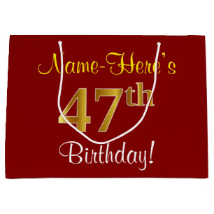 Grand Sac Cadeau Elégant, Rouge, Faux Gold 47e anniversaire; Nom pe