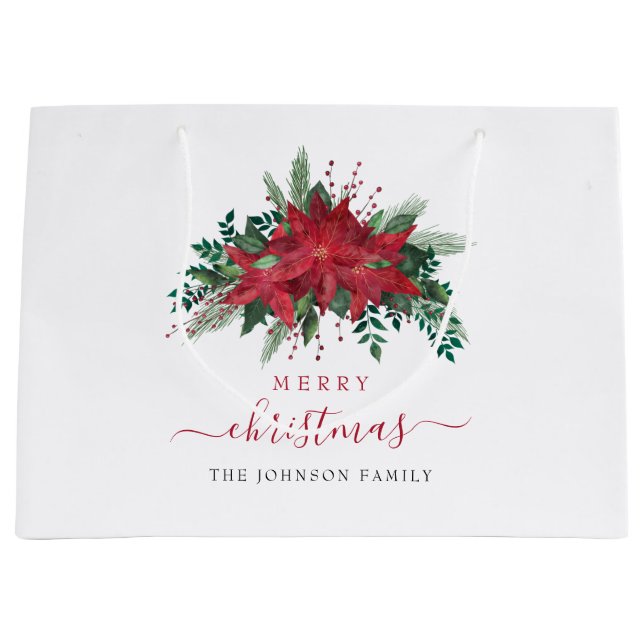 Grand Sac Cadeau Élégant Rouge Poinsettia Script Noël (Devant)