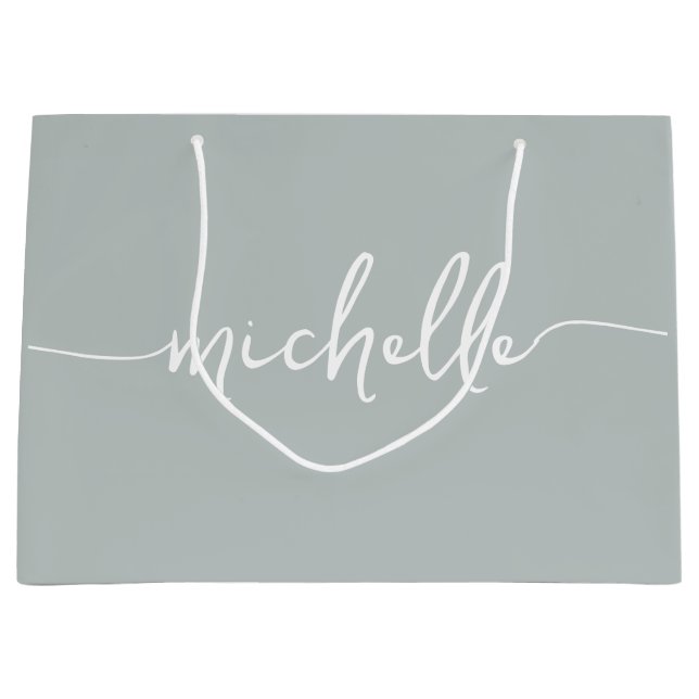 Grand Sac Cadeau Élégant Sage Green Monogramme Nom Script (Devant)