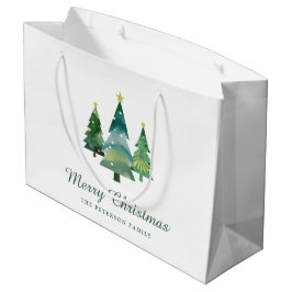 Grand Sac Cadeau Élégant Script Aquarelle Arbres de Noël