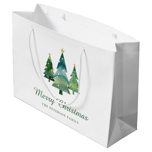 Grand Sac Cadeau Élégant Script Aquarelle Arbres de Noël (Dos Angle)