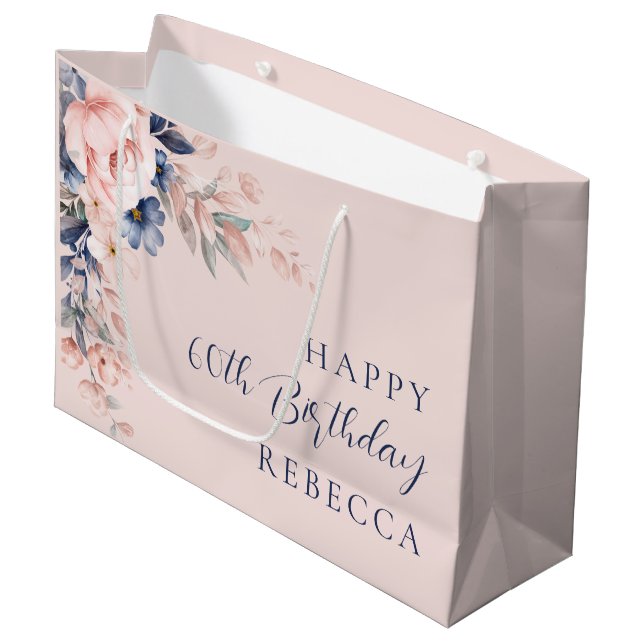 Grand Sac Cadeau Élégant script floral 60e anniversaire personnalis (Devant Angle)