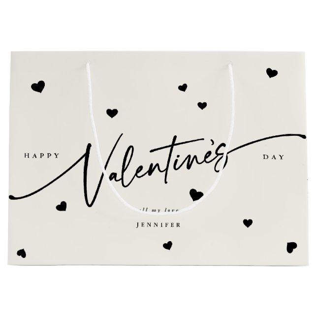Grand Sac Cadeau Élégant Script Police + Coeurs Saint-Valentin (Devant)