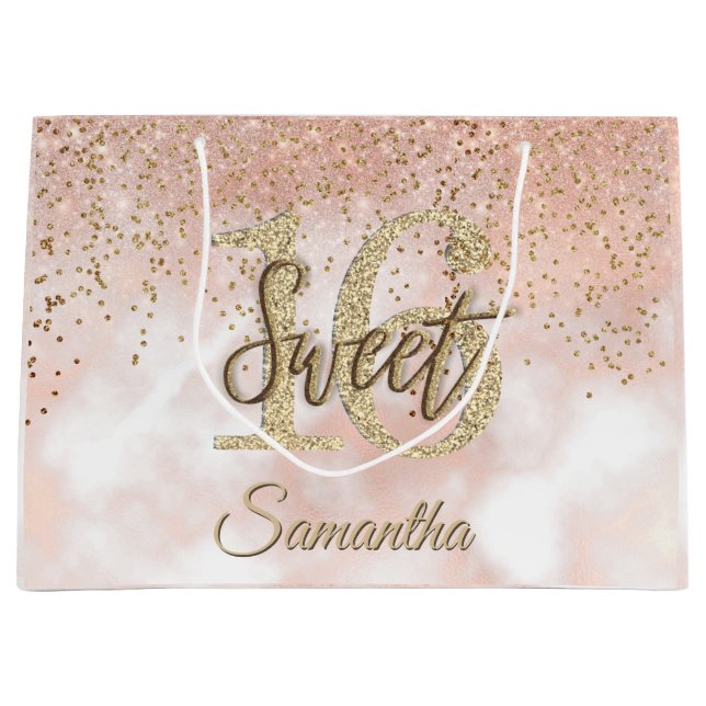 Grand Sac Cadeau Élégant Sweet 16 Anniversaire Rose Parties scintil (Devant)