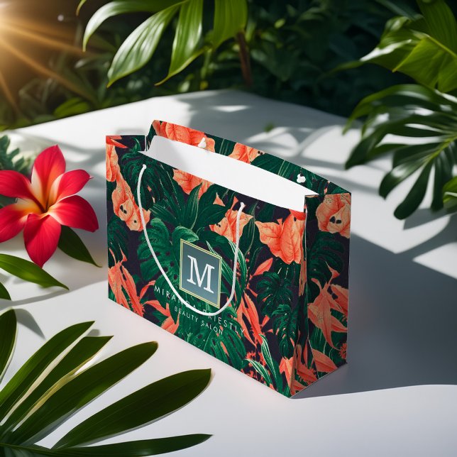 Grand Sac Cadeau Élégant Tropical Floral moderne cadre or Monogramm (Créateur téléchargé)