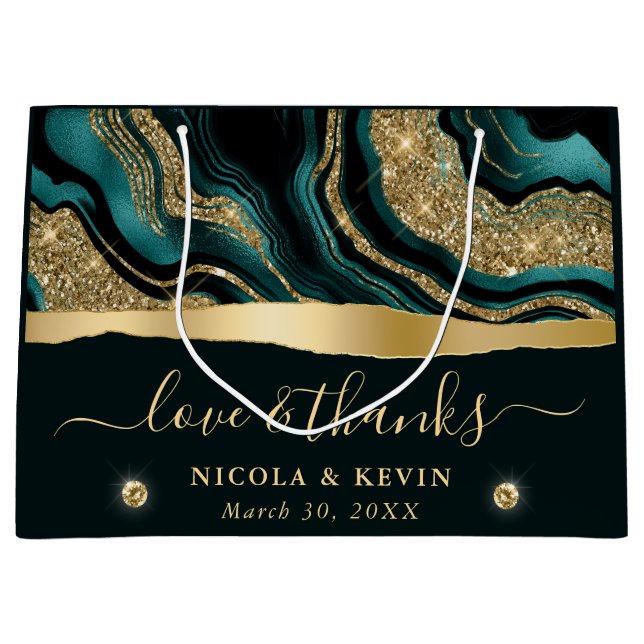 Grand Sac Cadeau Élégant Turquoise Foil et Gold Parties scintillant (Devant)
