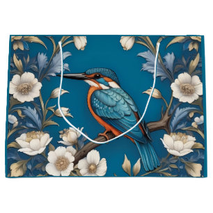 Grand Sac Cadeau Élégant turquoise Kingfisher Bird Floral