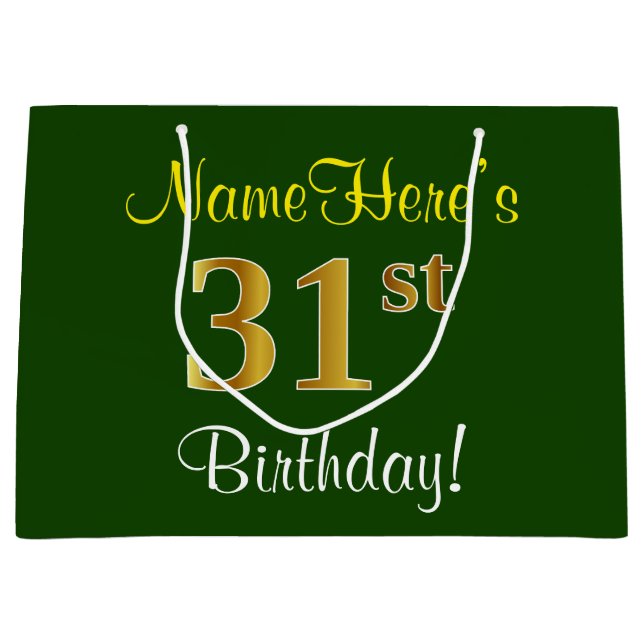 Grand Sac Cadeau Élégant, Vert, Faux Gold 31e anniversaire + Nom (Devant)