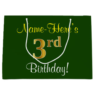Grand Sac Cadeau Elégant, Vert, Faux Gold 3ème anniversaire + Nom