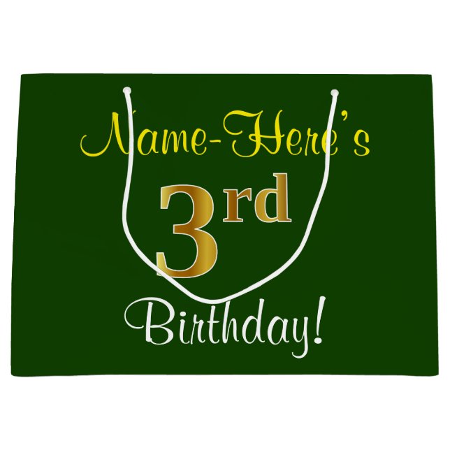 Grand Sac Cadeau Elégant, Vert, Faux Gold 3ème anniversaire + Nom (Devant)