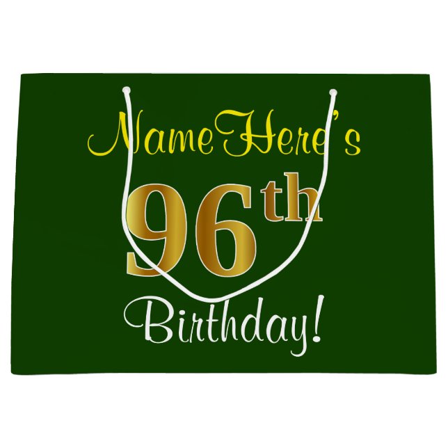 Grand Sac Cadeau Elégant, Vert, Faux Gold 96ème anniversaire + Nom (Devant)