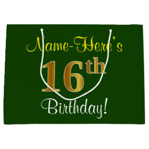 Grand Sac Cadeau Elégant, Vert, Faux Or 16ème anniversaire + Nom