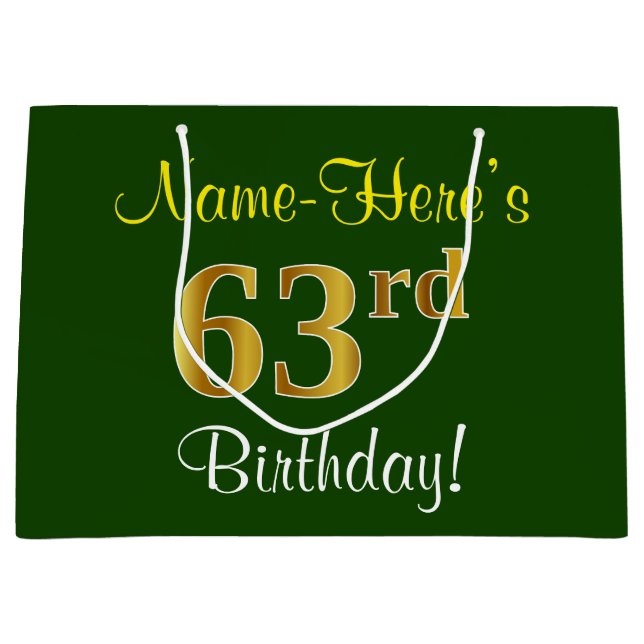 Grand Sac Cadeau Elégant, Vert, Faux Or 63ème anniversaire + Nom (Devant)