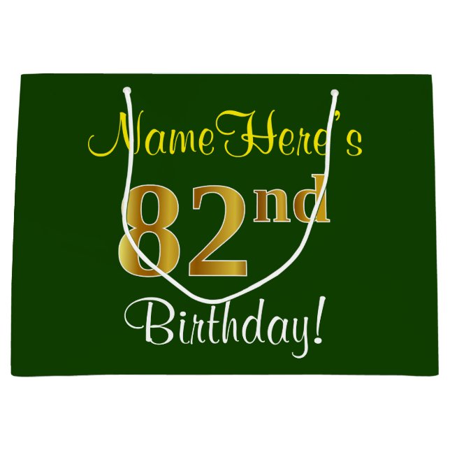 Grand Sac Cadeau Elégant, Vert, Faux Or 82ème Anniversaire + Nom (Devant)