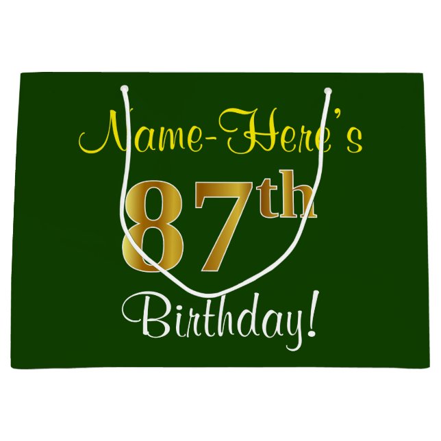 Grand Sac Cadeau Elégant, Vert, Faux Or 87ème Anniversaire + Nom (Devant)