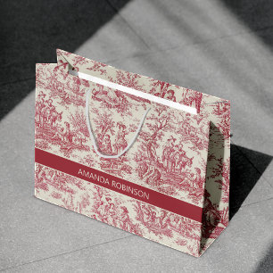 Grand Sac Cadeau Élégant Vintage Rouge Toile De Jouy Campagne