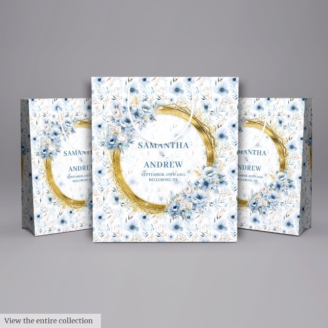 Grand Sac Cadeau Elégante aquarelle Boho Dusty Blue Gold Mariage (Elegant Watercolor Boho Dusty Blue Gold Wedding Large Gift Bag)