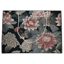 Grand Sac Cadeau Élégante Chinoiserie Florals Gris Framboise
