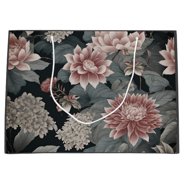 Grand Sac Cadeau Élégante Chinoiserie Florals Gris Framboise (Devant)